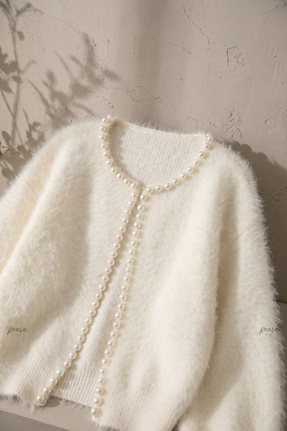 Off-White Fuzzy Mohair-Style Knit Cardigan with Pearl Trim off-white fuzzy mohair-style knit cardigan - product view 7