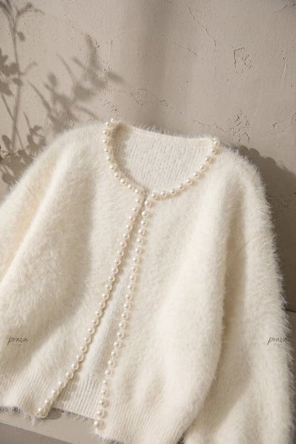 Off-White Fuzzy Mohair-Style Knit Cardigan with Pearl Trim off-white fuzzy mohair-style knit cardigan - product view 7