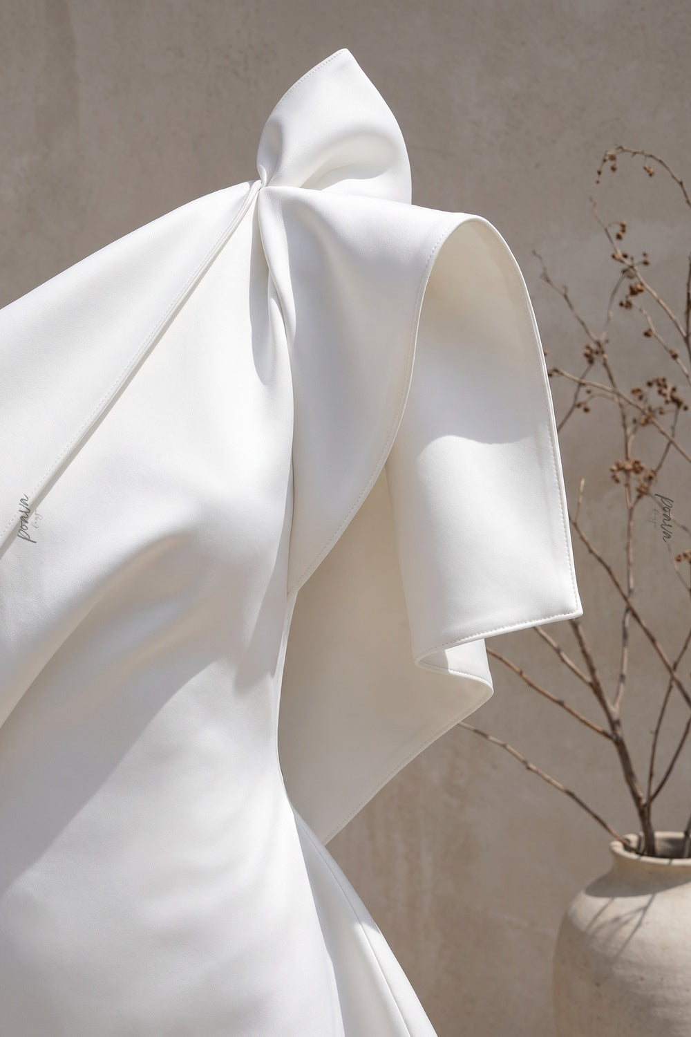 White Structured One-Shoulder Mini Dress with Asymmetrical Draping white structured heavy satin or gazar dress - product view 7