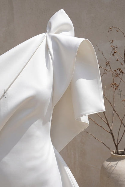 White Structured One-Shoulder Mini Dress with Asymmetrical Draping white structured heavy satin or gazar dress - product view 7