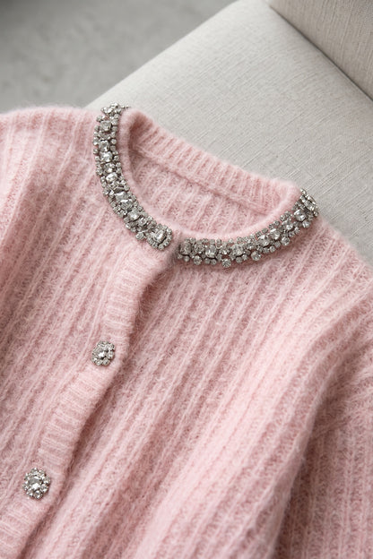 Pastel Pink Mohair-Blend Knit Cardigan with Rhinestone Embellishment pastel pink mohair-blend knit cardigan - product view 7