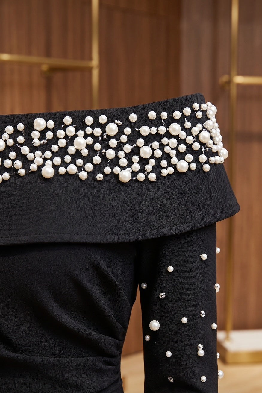 Black Heavy Stretch Crepe Column Evening Gown with Pearl Embellishment black heavy stretch crepe evening gown - product view 7