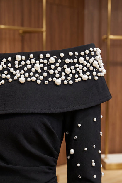 Black Heavy Stretch Crepe Column Evening Gown with Pearl Embellishment black heavy stretch crepe evening gown - product view 7