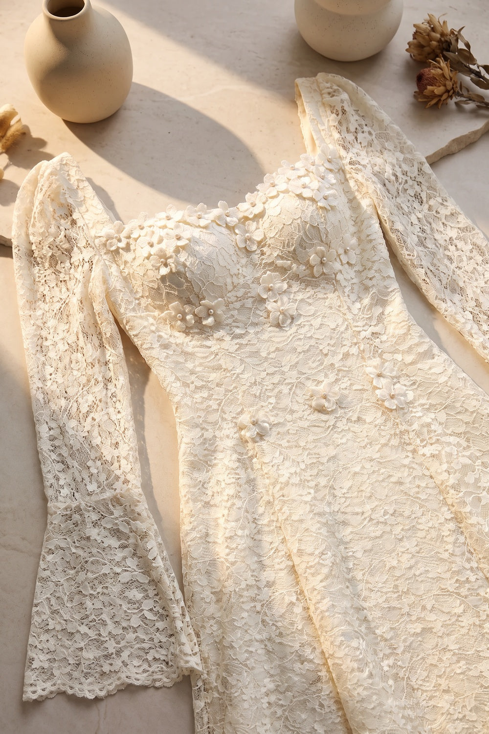 Cream Floral Lace A-Line Midi Dress cream floral lace dress - product view 7