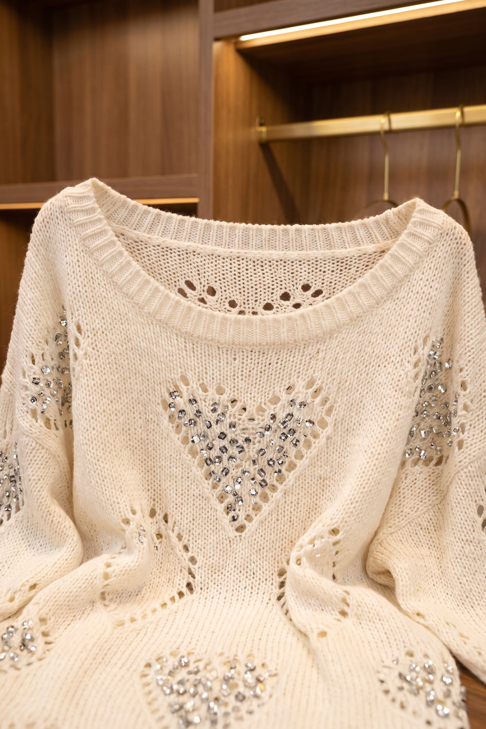 Cream Open-Work Knit Oversized Sweater with Silver Heart Embellishments cream, off-white open-work knit yarn sweater - product view 7