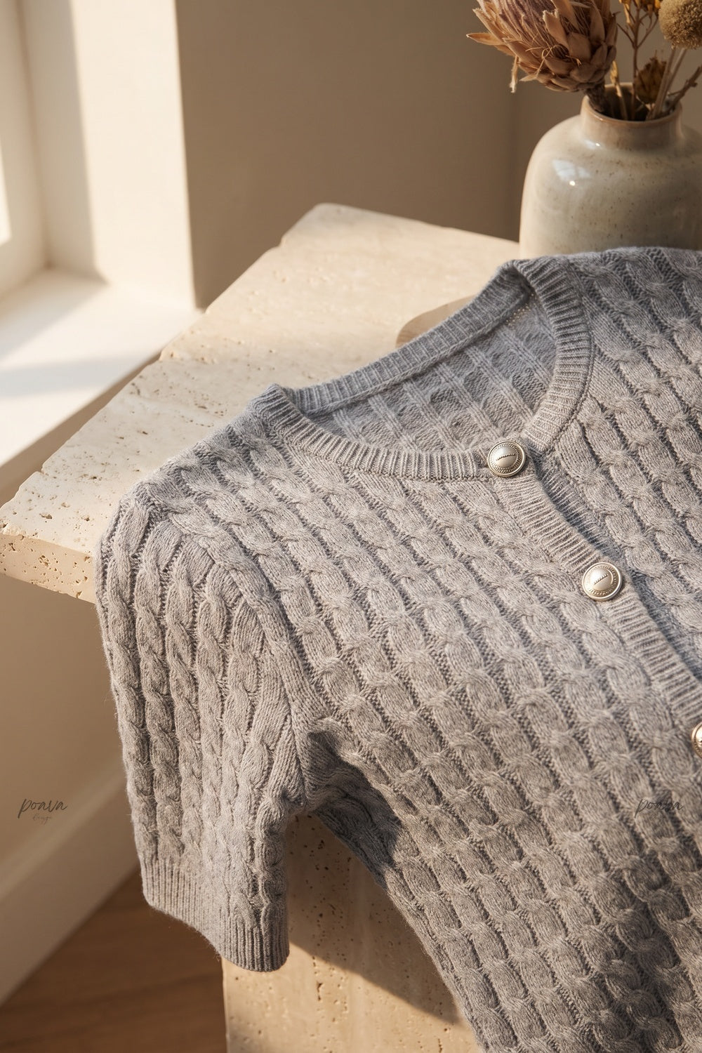 Heather Grey Cable-Knit Fitted Cardigan heather grey knitwear cardigan - product view 7