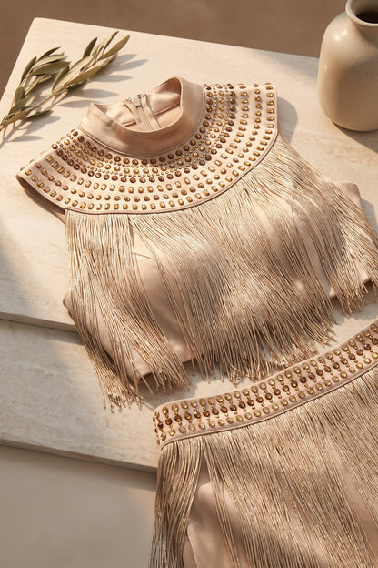 Champagne Satin Fringe Two-Piece Set with Metallic Studded Detail champagne, beige satin base with dense rayon fringe two-piece set - product view 7