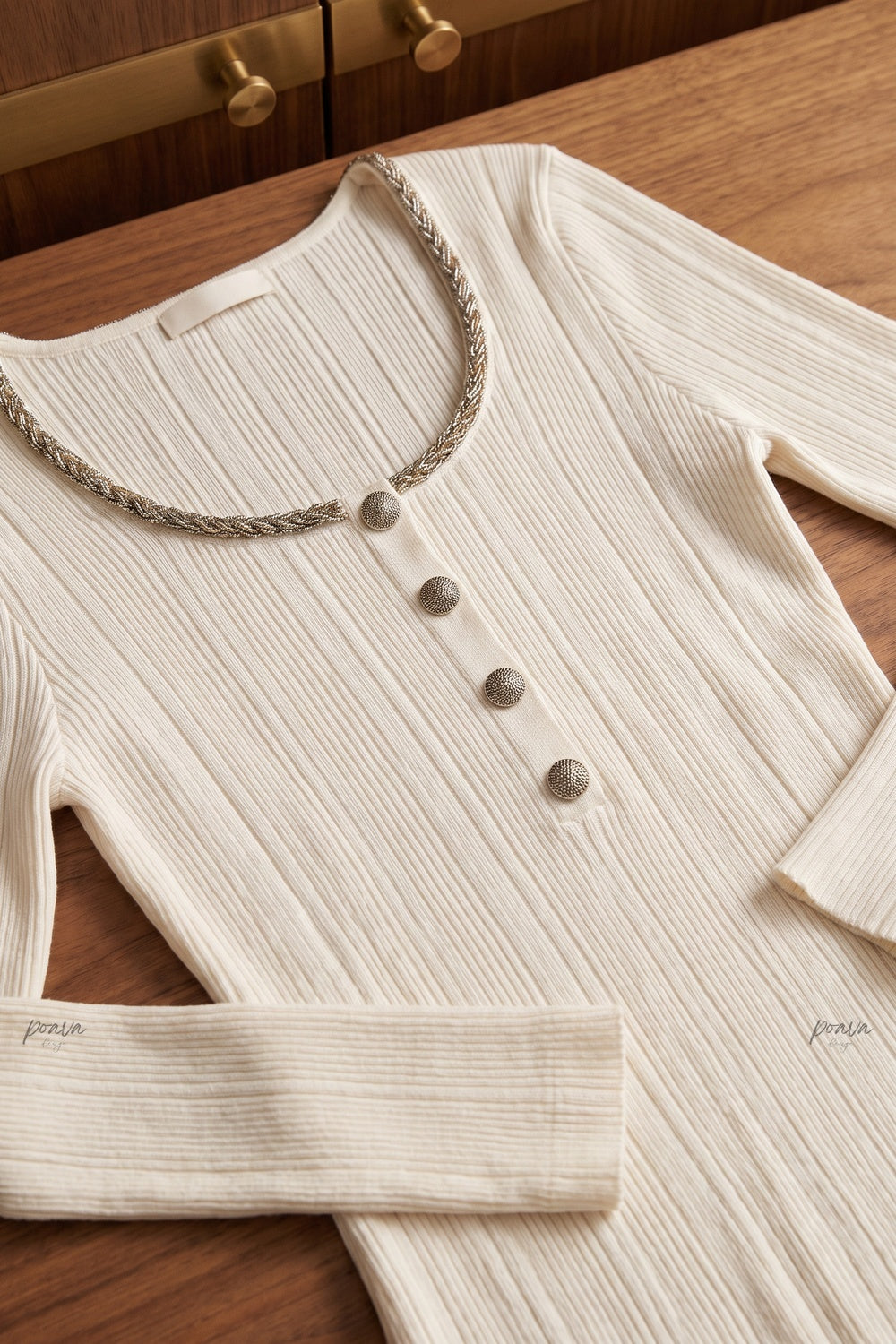 Ivory Ribbed Knit Top with Metallic Beaded Scoop Neckline ivory, off-white ribbed knit knit top - product view 7