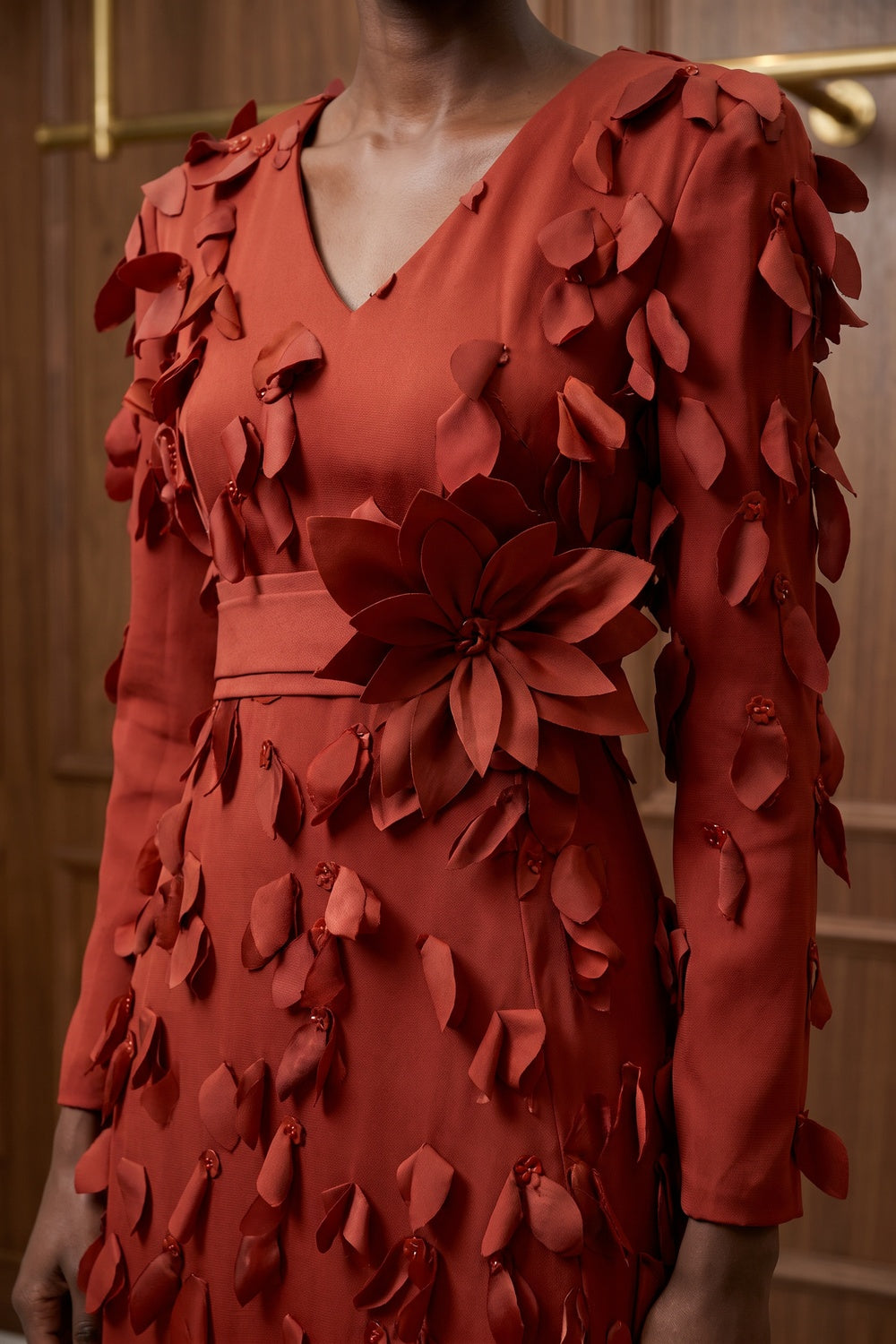 Rust Red Satin-Crepe A-Line Evening Gown with 3D Leaf Appliqués rust red satin-crepe evening gown - product view 7