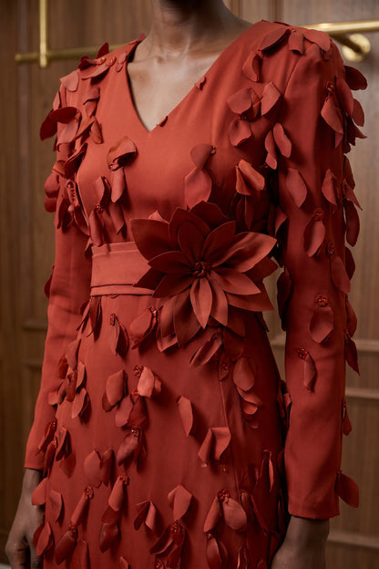 Rust Red Satin-Crepe A-Line Evening Gown with 3D Leaf Appliqués rust red satin-crepe evening gown - product view 7