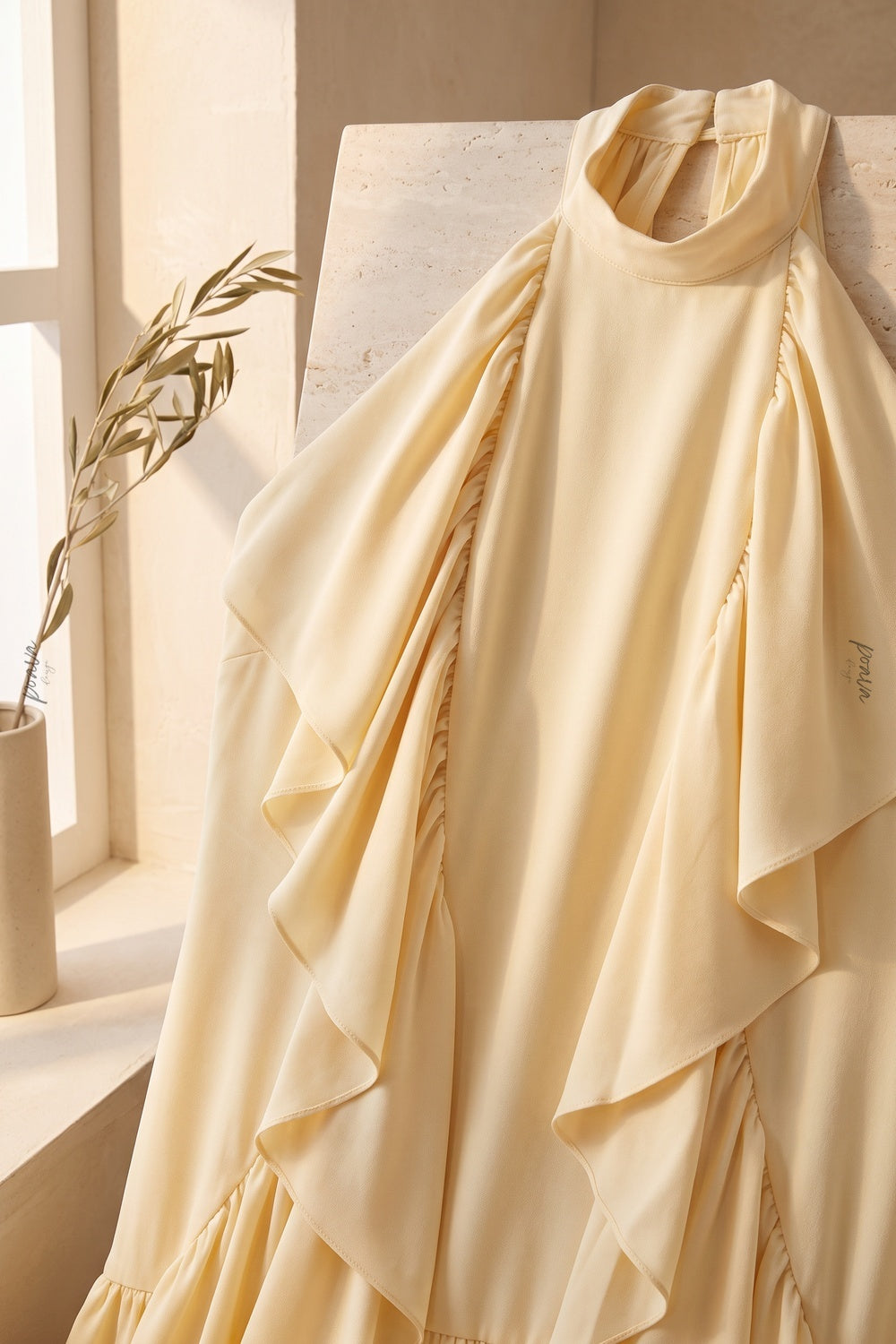 Pale Yellow Tiered A-Line Maxi Dress with Cascading Ruffles pale yellow lightweight crepe or georgette maxi dress - product view 7