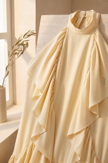 Pale Yellow Tiered A-Line Maxi Dress with Cascading Ruffles pale yellow lightweight crepe or georgette maxi dress - product view 7