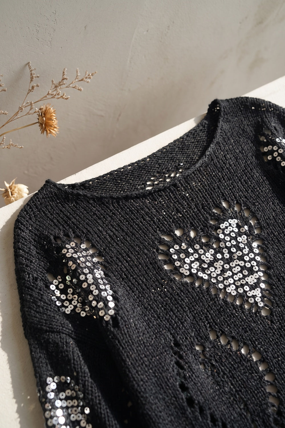 Black Open-Work Knit Oversized Sweater with Silver Sequin Hearts black open-work knit sweater - product view 7