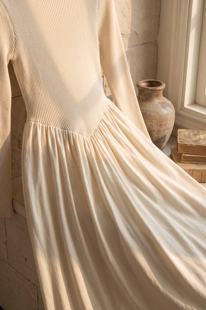 Cream Ribbed Knit Fitted Bodice with Gathered A-Line Skirt Dress cream ribbed knit dress - product view 7