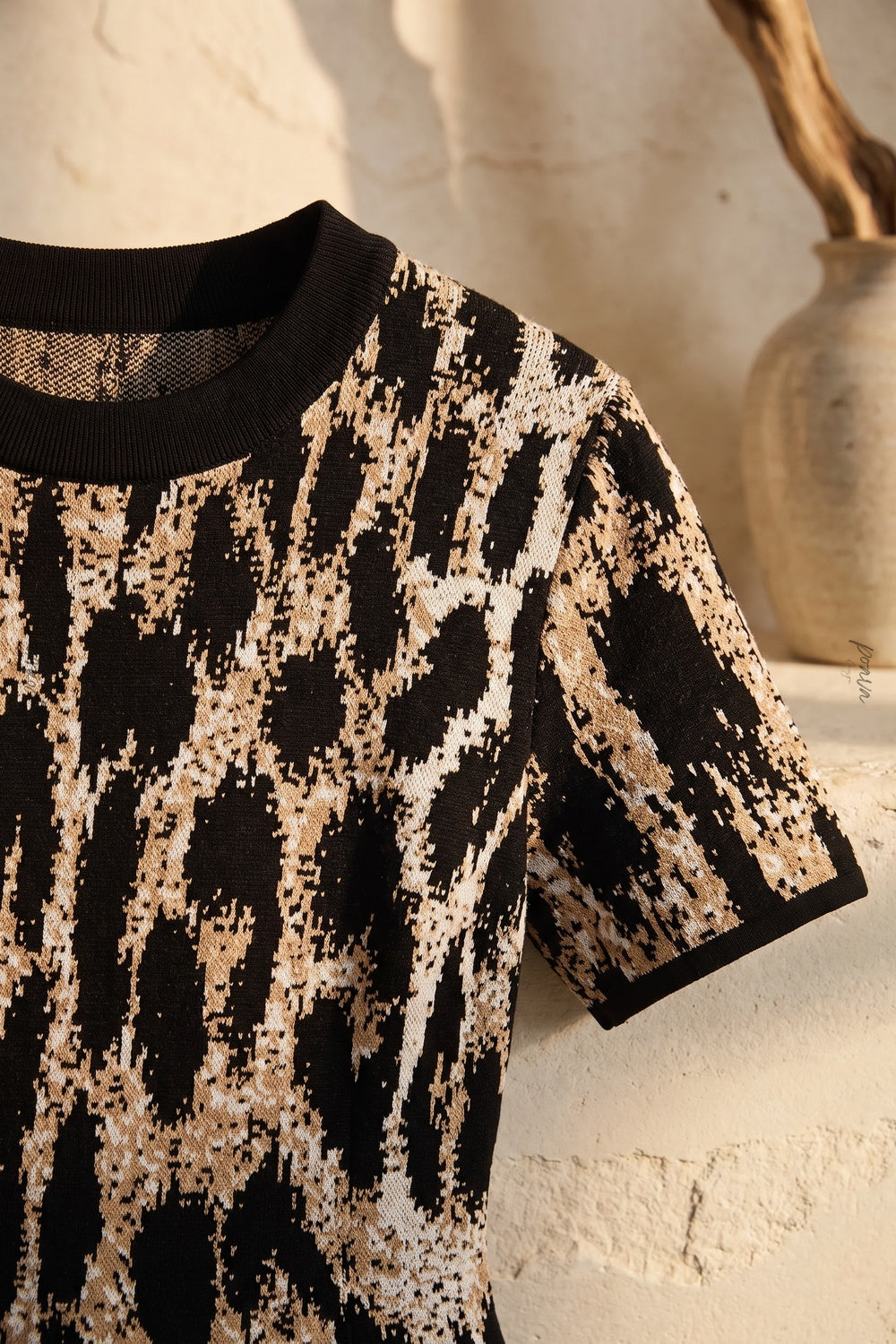 Black & Beige Abstract Leopard Print Structured Knit A-Line Mini Dress black, beige structured knit / jacquard dress - product view 7