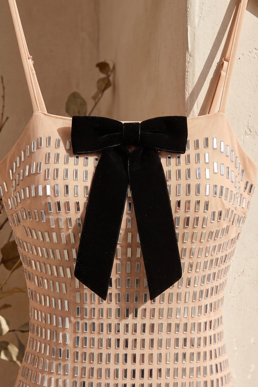 Nude Mesh Column Dress with Silver Grid & Black Bow nude mesh dress - product view 7