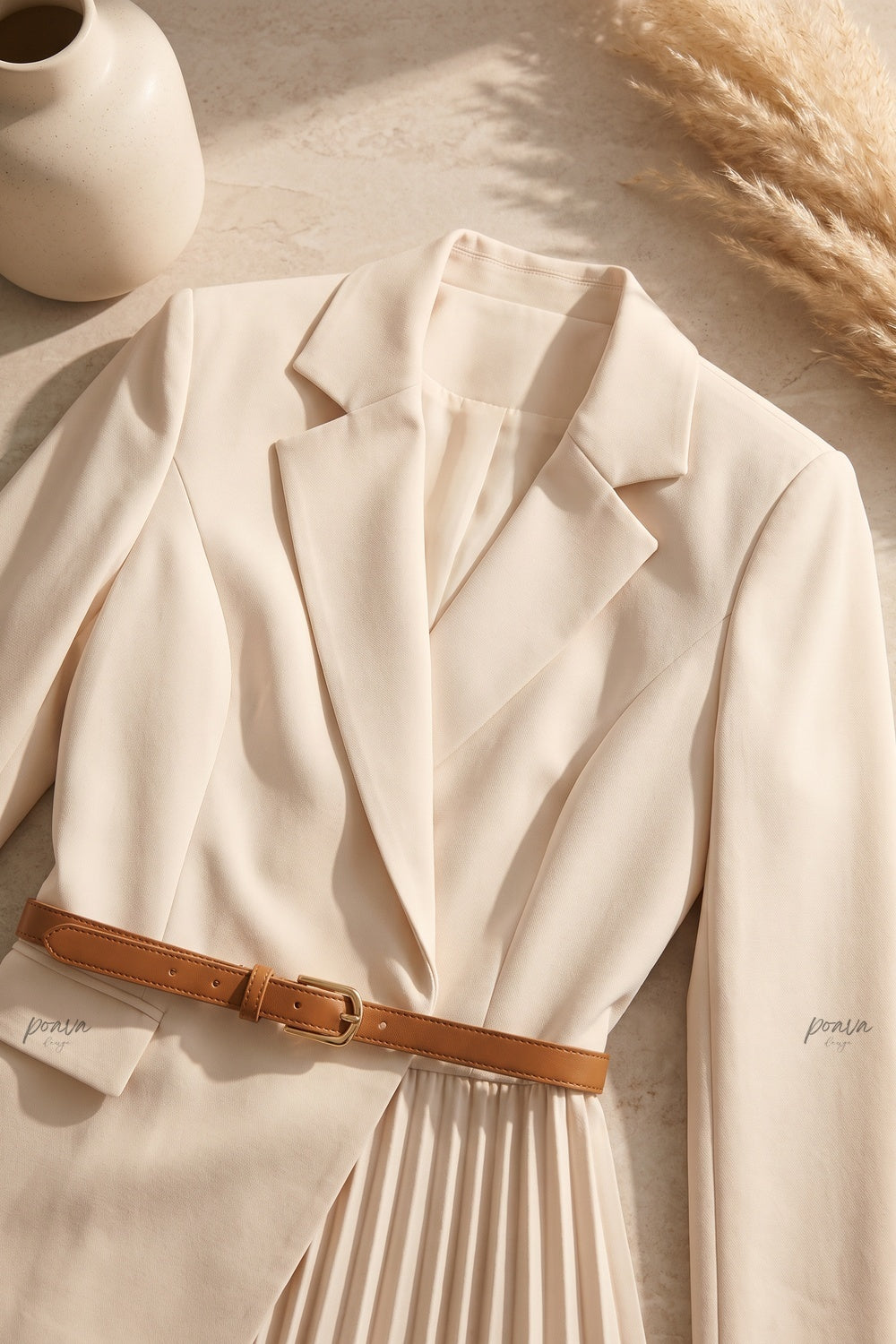 Cream Structured Crepe Blazer and Pleated Skirt Set cream, off-white structured crepe blazer and pleated skirt set - product view 7