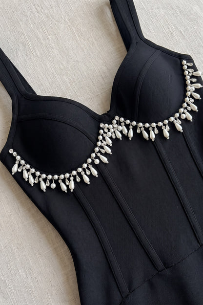 Black Sheath Midi Dress with Pearl and Crystal Fringe black heavy stretch knit midi dress - product view 7