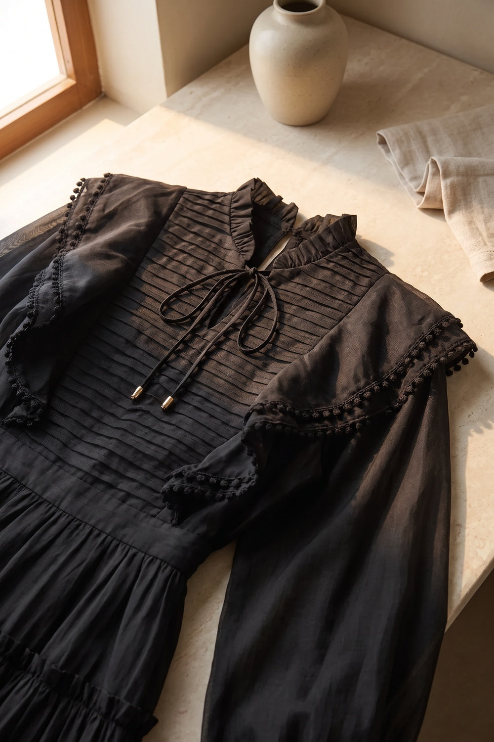 Black Tiered A-Line Midi Dress with Bishop Sleeves black lightweight semi-sheer woven fabric dress - product view 7