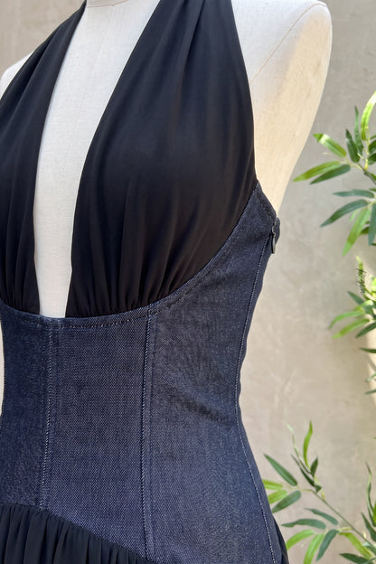 Black Two-Tone Halter Gown with Structured Corset Waist and High Slit black lightweight jersey or crepe gown - product view 7