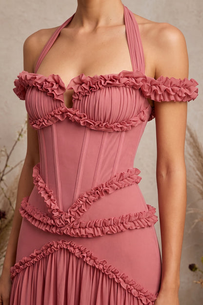 Dusty Rose Fitted Corset Gown with Tiered Ruffles and Halter Neck dusty rose lightweight crepe or georgette gown - product view 7