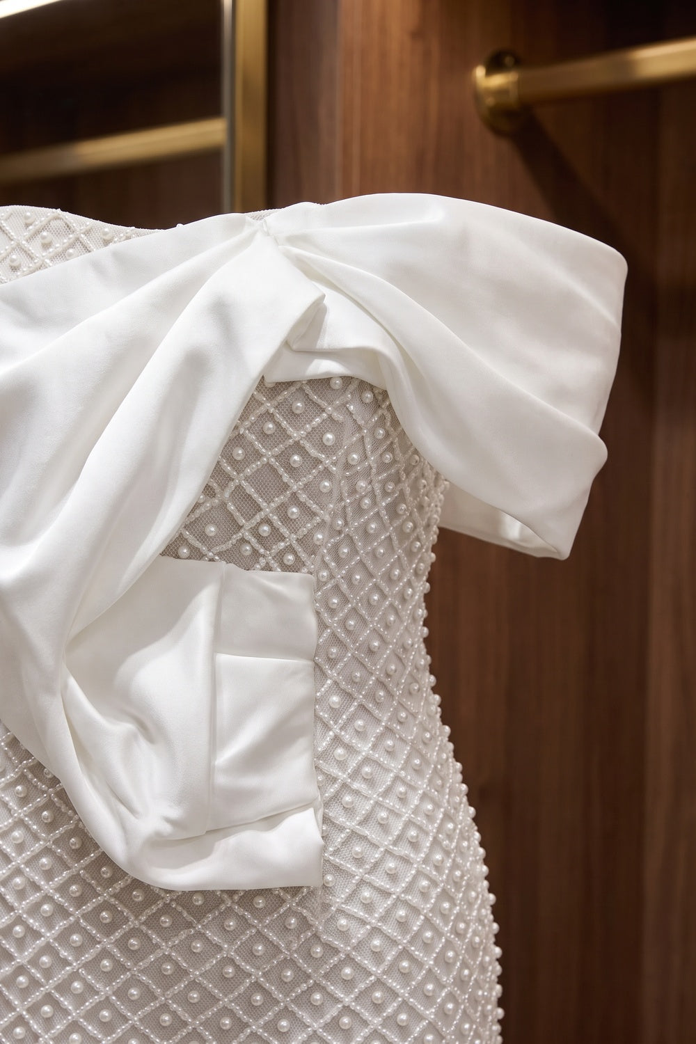 White Beaded Mesh Column Dress with Asymmetrical Satin Bow white beaded mesh dress - product view 7