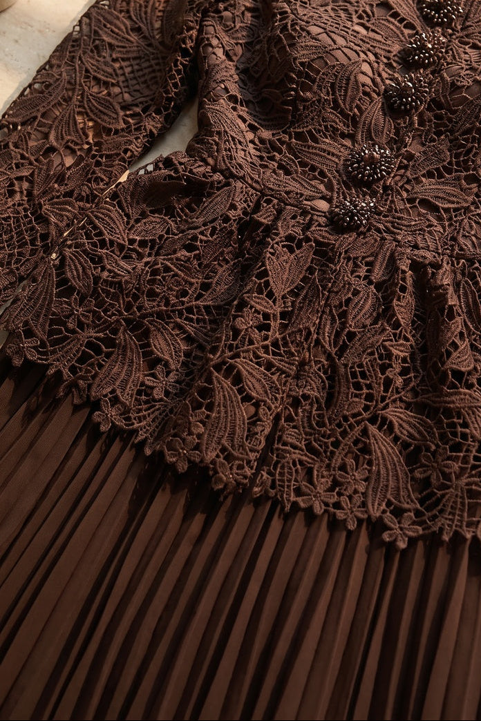 Dark Brown Guipure Lace Peplum Top & Pleated Maxi Skirt Two-Piece Set dark brown guipure lace two-piece skirt set - product view 7