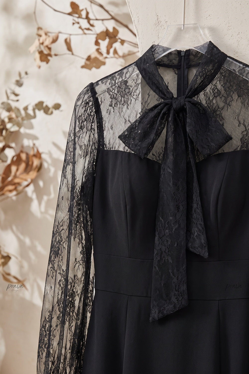 Black Crepe Mermaid Dress with Sheer Floral Lace Sleeves black crepe dress - product view 7