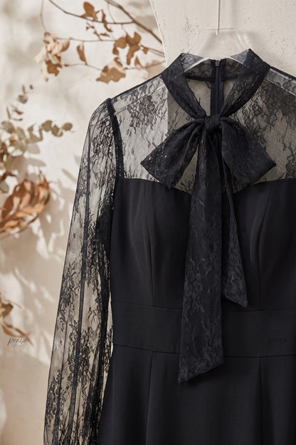Black Crepe Mermaid Dress with Sheer Floral Lace Sleeves black crepe dress - product view 7