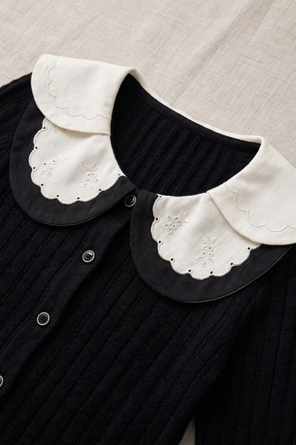 Black Peplum Cardigan with White Scalloped Collar Black Fine knit blend Cardigan - product view 7