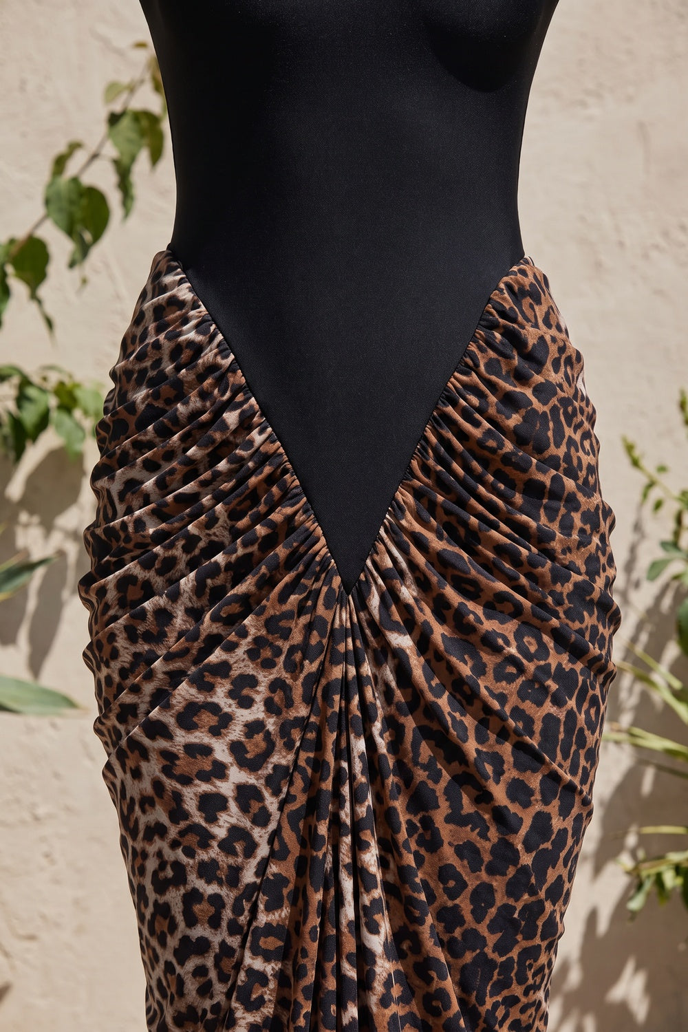 Black Matte Stretch Knit Maxi Dress with Leopard Print Draped Skirt black matte stretch knit maxi dress - product view 7