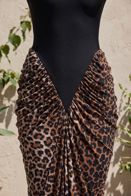 Black Matte Stretch Knit Maxi Dress with Leopard Print Draped Skirt black matte stretch knit maxi dress - product view 7