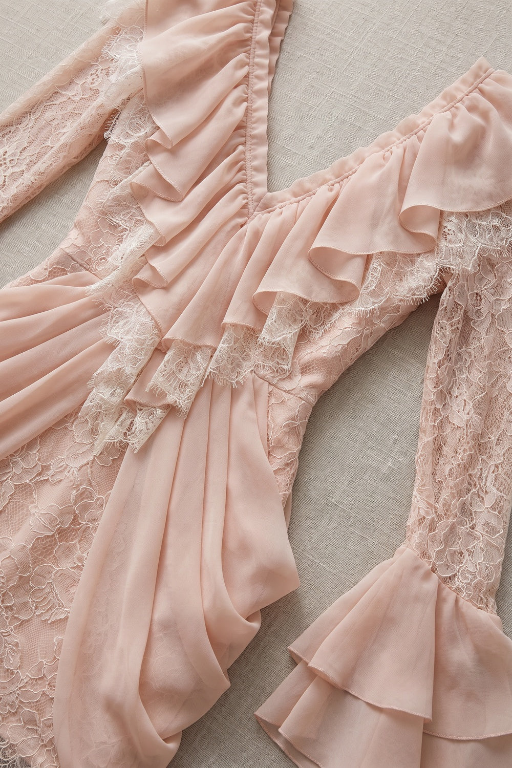 Blush Pink Floral Lace Mini Dress with Draped Chiffon Ruffles blush pink floral lace mini dress - product view 5
