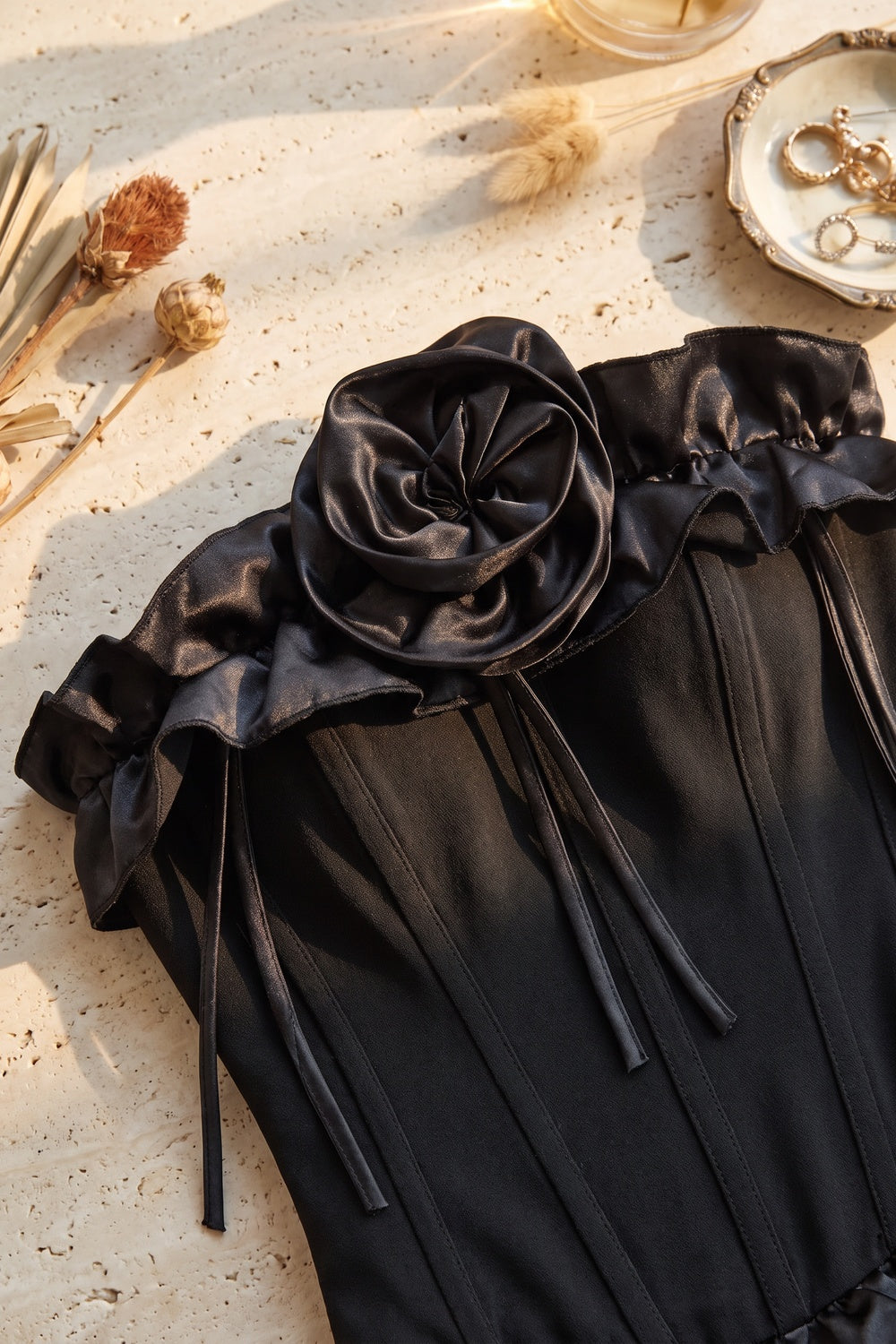 Black Structured Matte Crepe Fitted Corset with Voluminous Satin Bow Mini Skirt Two-Piece Set black structured matte crepe two-piece set - product view 7