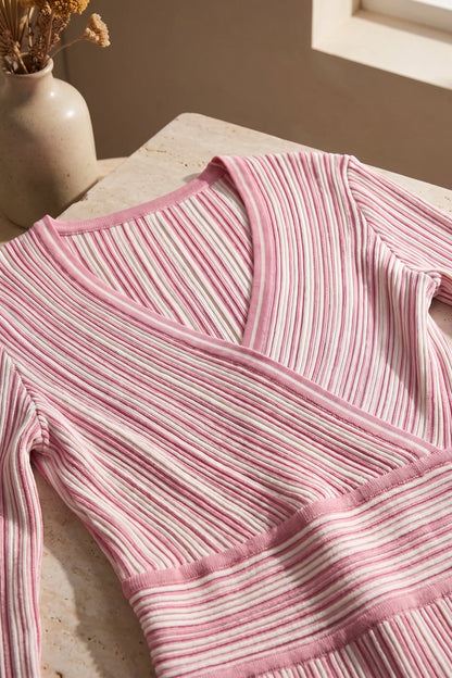 Light Pink Striped Ribbed Knit Fit-and-Flare Dress light pink, white ribbed knit dress - product view 7