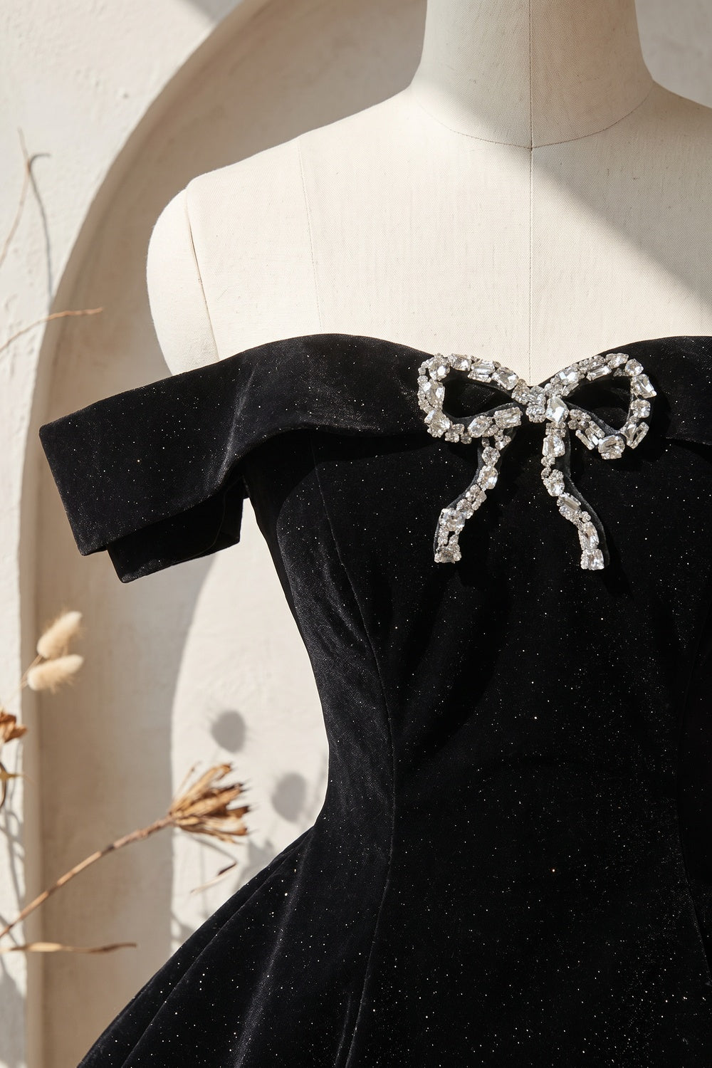 Black Velvet Fit-and-Flare Mini Dress with Rhinestone Bow black velvet dress - product view 7