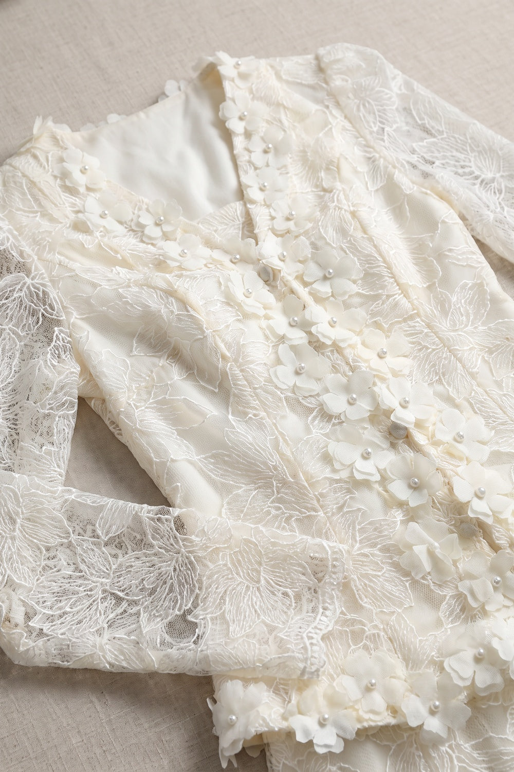 Cream Floral Lace Peplum Top & A-Line Midi Skirt Two-Piece Set cream, ivory floral lace overlay two-piece skirt set - product view 7