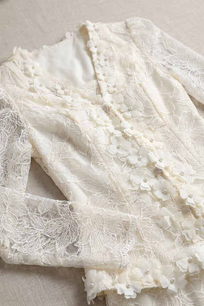 Cream Floral Lace Peplum Top & A-Line Midi Skirt Two-Piece Set cream, ivory floral lace overlay two-piece skirt set - product view 7
