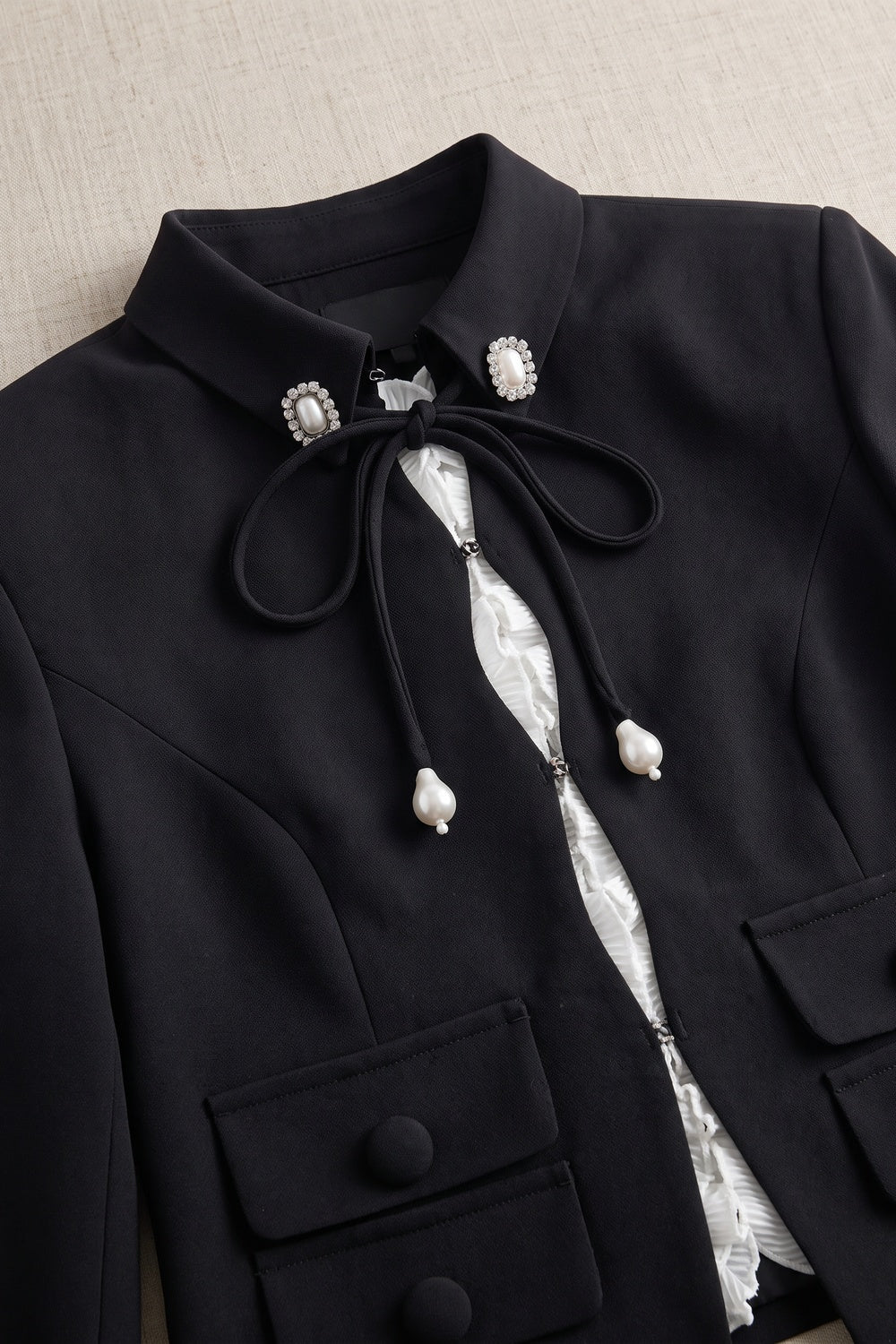 Black Structured Two-Piece Cropped Jacket and Mini Skort Set Black Mid-weight structured suiting crepe Two-piece cropped jacket and mini skort set - product view 7