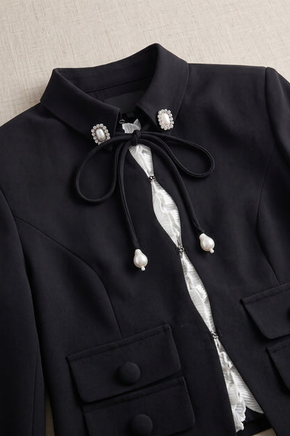 Black Structured Two-Piece Cropped Jacket and Mini Skort Set Black Mid-weight structured suiting crepe Two-piece cropped jacket and mini skort set - product view 7