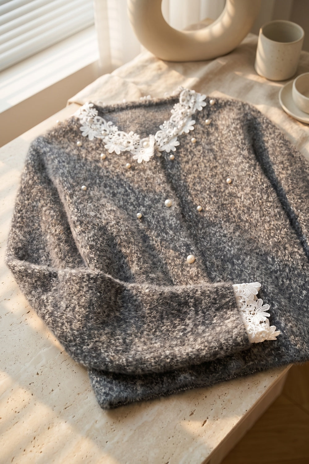 Grey Fuzzy Marled Knit Boxy, Slightly Cropped Cardigan grey, white fuzzy marled knit cardigan - product view 7