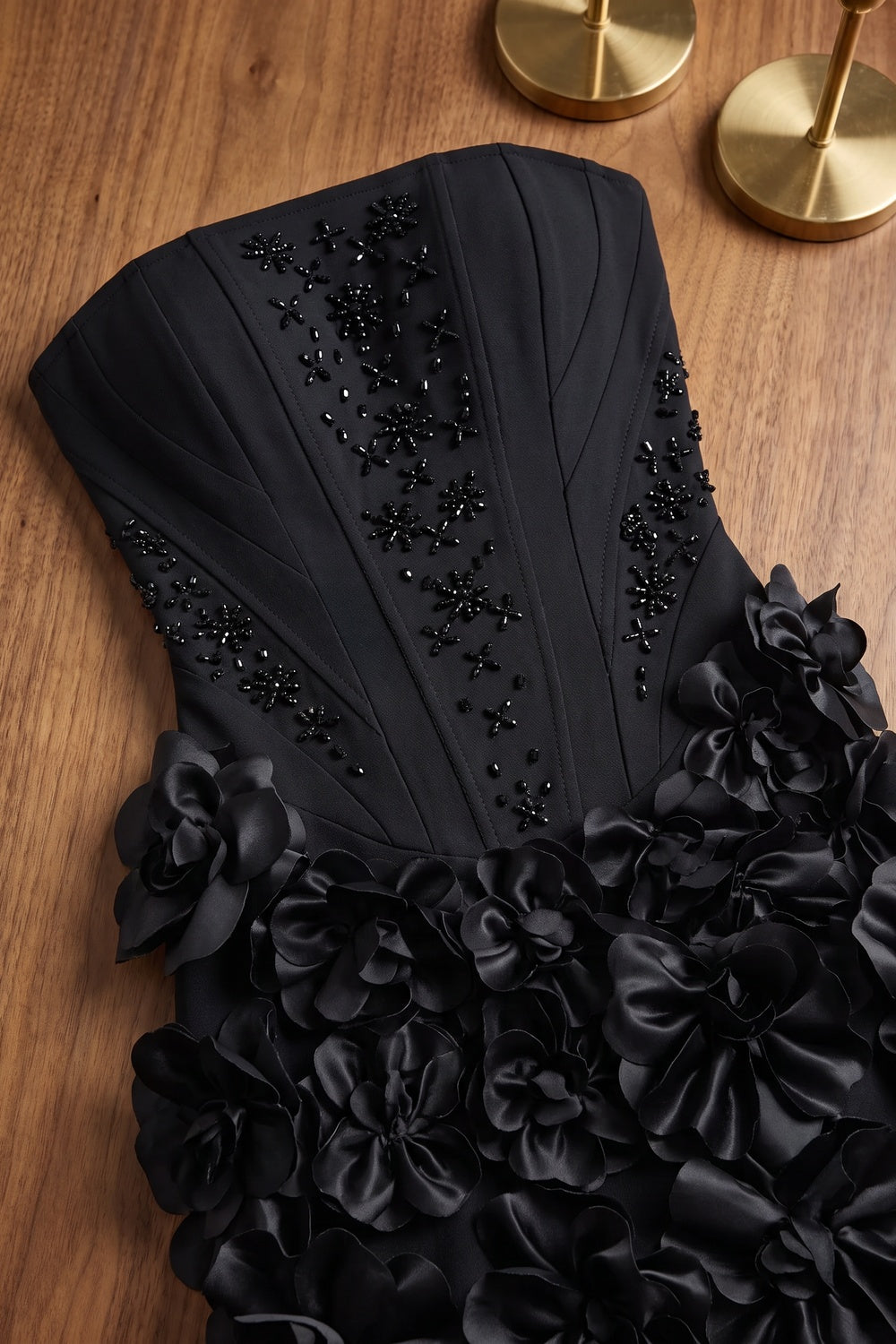 Black Structured Corset Mini Dress with 3D Floral Skirt black structured woven crepe dress - product view 7