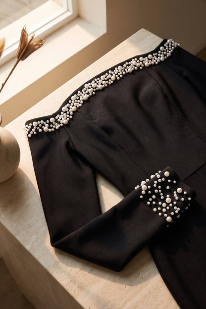 Black Off-the-Shoulder Bodycon Mini Dress with Pearl Embellishment black heavy stretch knit dress - product view 7