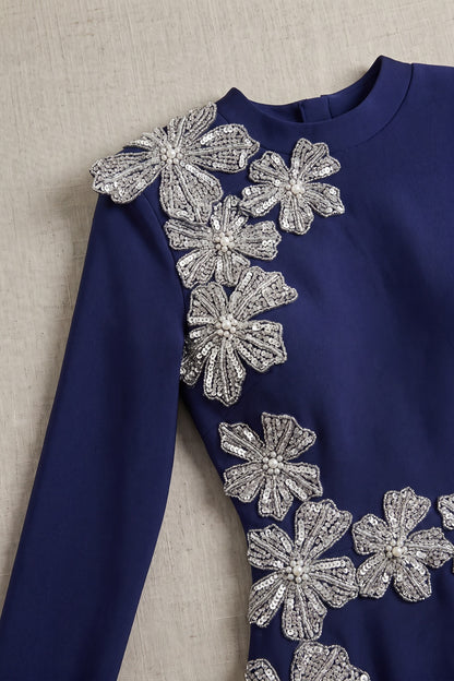 Navy Blue Heavy Crepe Column Evening Gown with Silver Floral Appliqué navy blue heavy crepe evening gown - product view 7