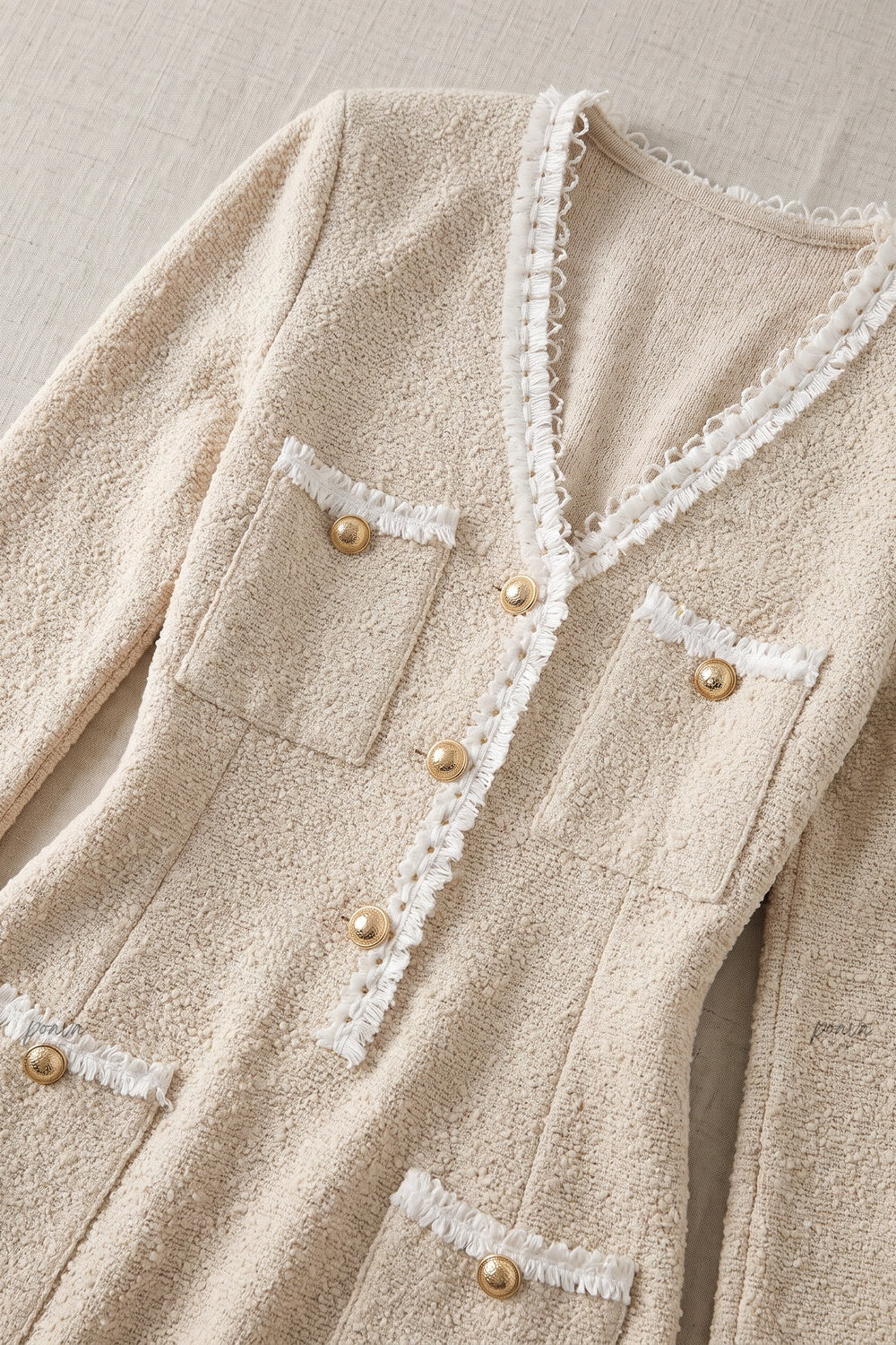 Beige Textured Bouclé Knit A-Line Midi Dress beige textured boucle knit dress - product view 7