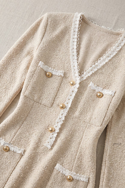 Beige Textured Bouclé Knit A-Line Midi Dress beige textured boucle knit dress - product view 7