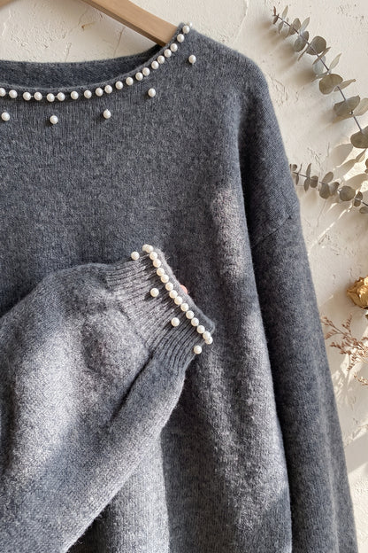 Charcoal Grey Fine-Knit Sweater with Pearl Bead Trim charcoal grey fine knit sweater - product view 7