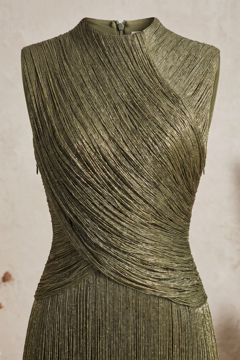 Olive Green Metallic Fringe Fitted Bodice Dress olive green fine metallic fringe dress - product view 7