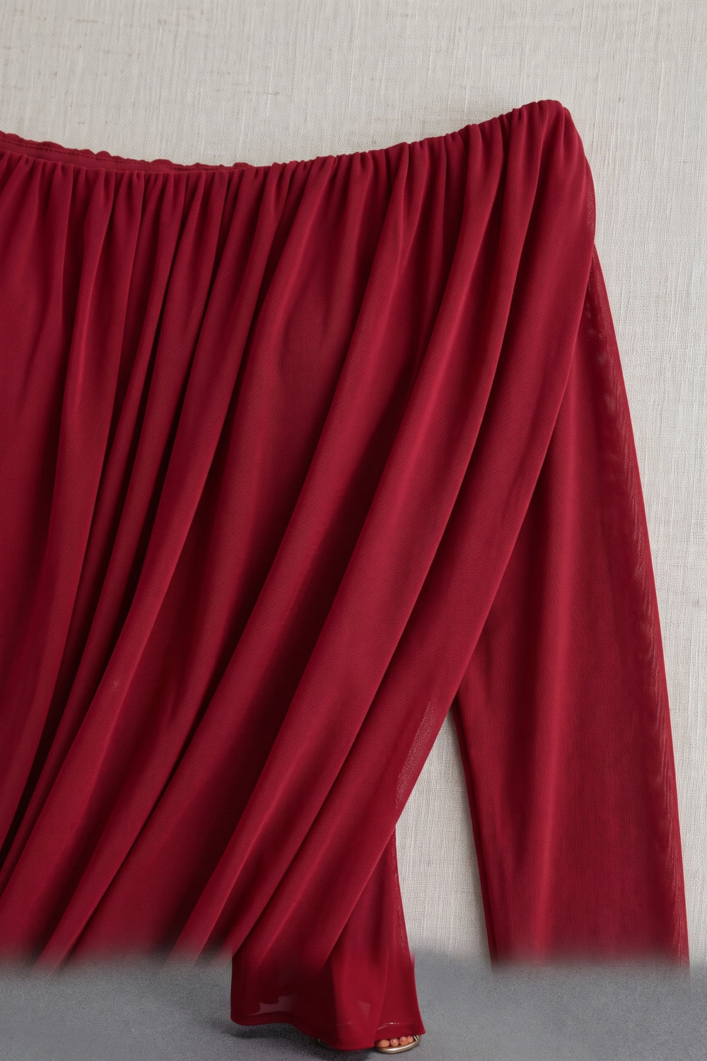 Deep Red Lightweight Stretch Mesh Column with Draped Overlay Dress deep red lightweight stretch mesh dress - product view 7