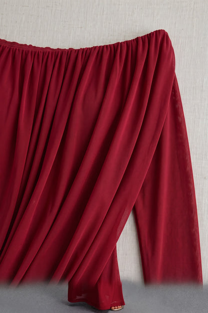 Deep Red Lightweight Stretch Mesh Column with Draped Overlay Dress deep red lightweight stretch mesh dress - product view 7